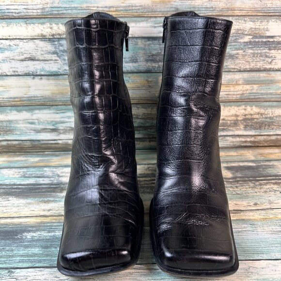 Bebe Ankle Boot Womens 11M Black Croc Print Leather Square Toe Club Edgy Modern - Picture 4 of 12